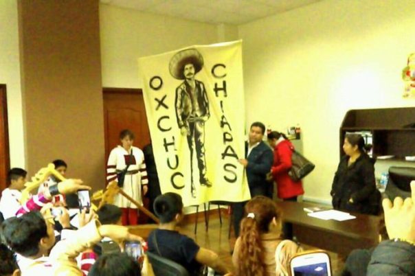 Mayor Oscar Gómez López and his Emiliano Zapata banner.